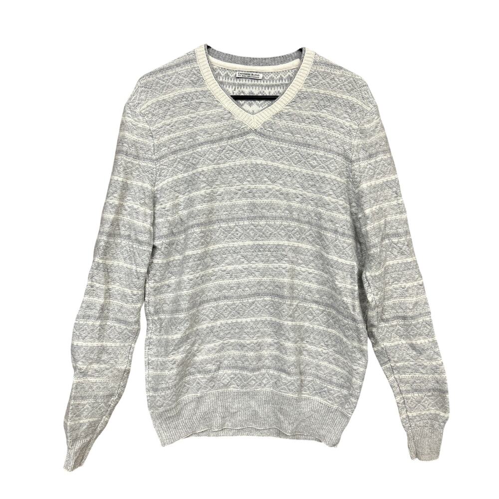 Cashmere Blend Mens Sweater Gray Cream V Neck Wool Cashmere Long Sleeve L